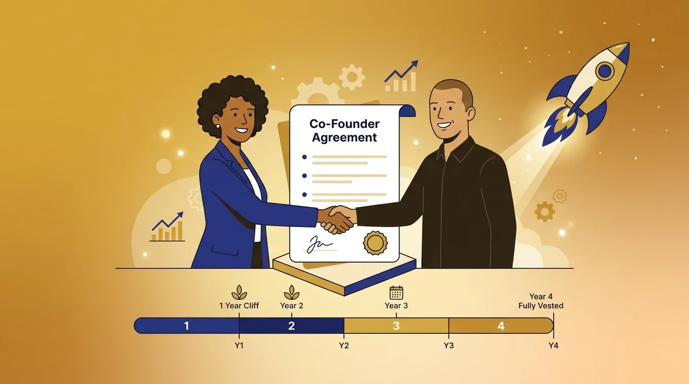 Co-founder agreement generator — two founders with agreement and 4-year vesting bar