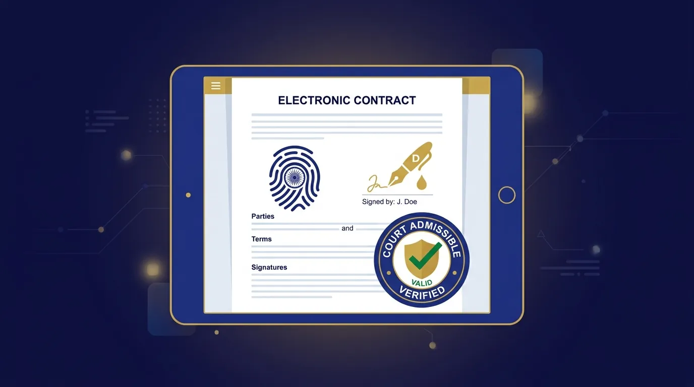 E-contract validity checker — digital tablet with Aadhaar eSign fingerprint and court admissibility stamp