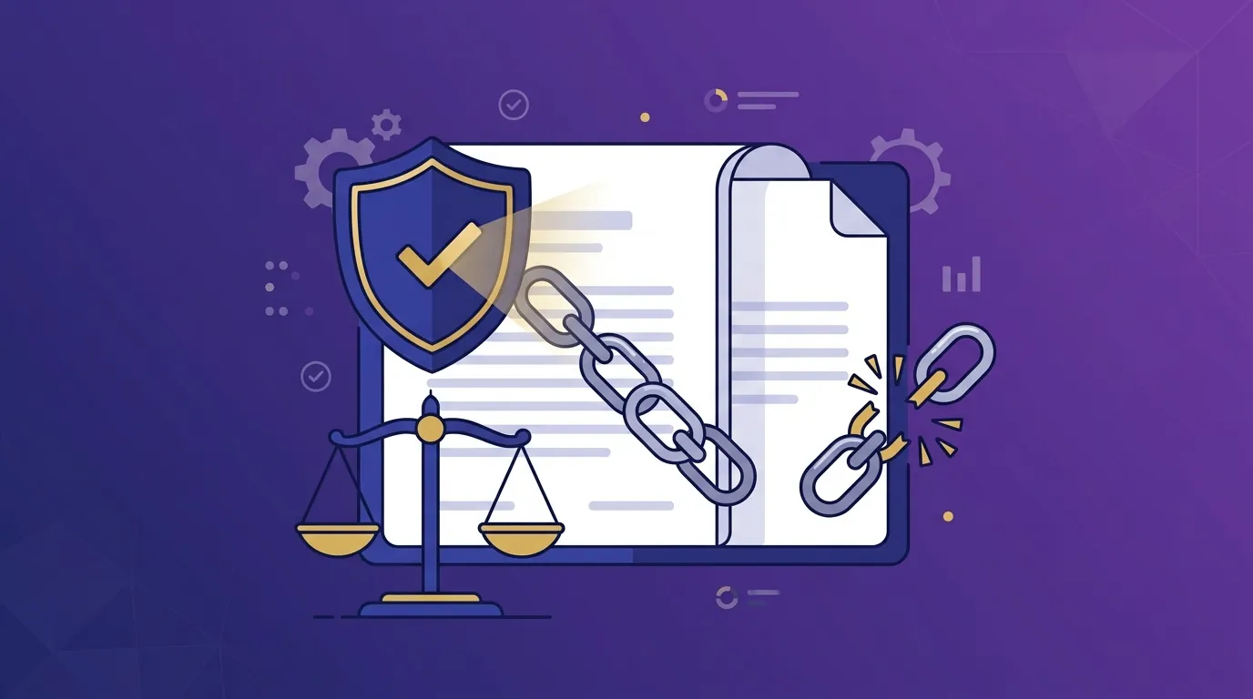 Employment bond checker — broken chain link, legal scales, and shield illustration