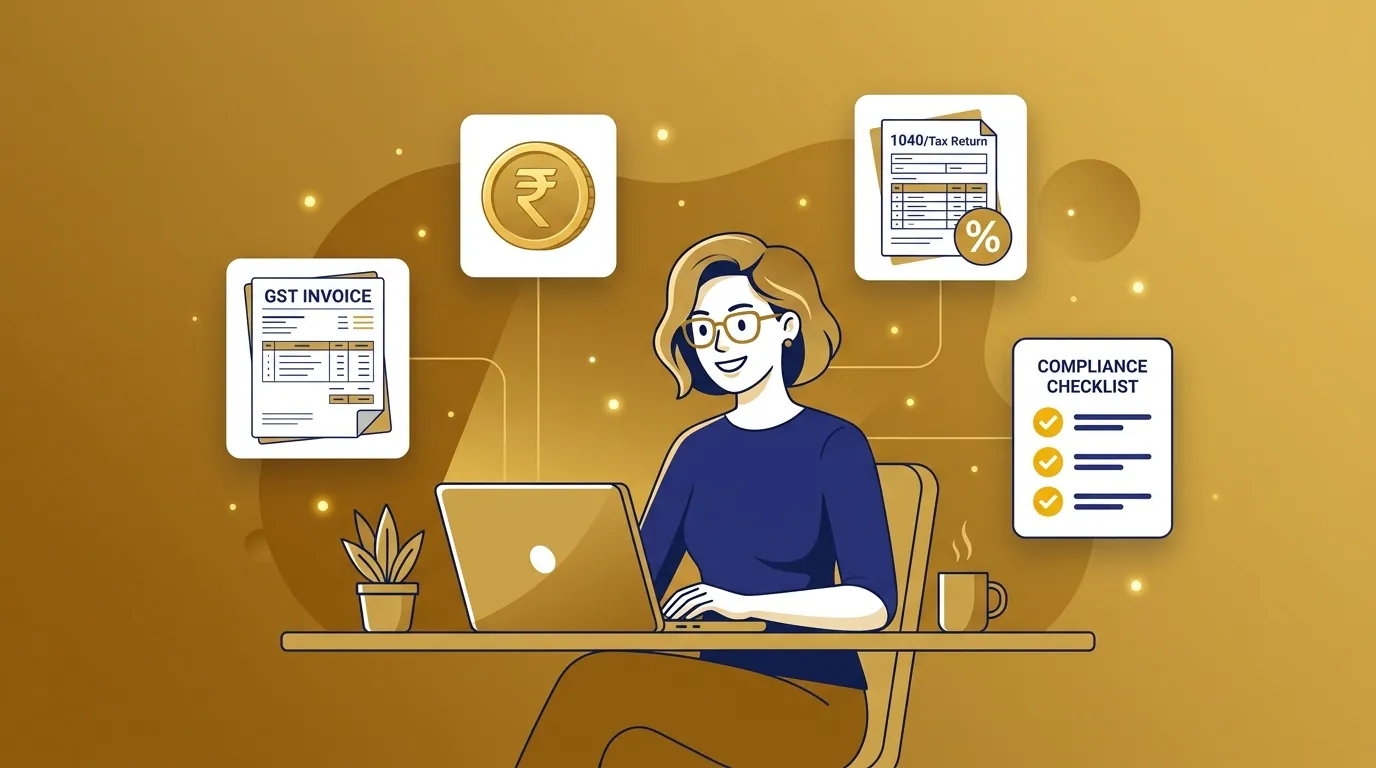 Freelancer compliance checker — freelancer with GST invoice, rupee coin, and compliance checklist