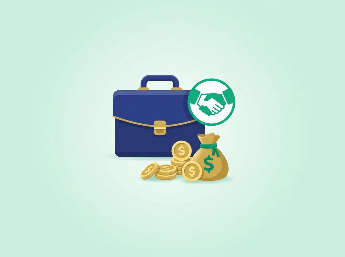 Gratuity calculator — briefcase, handshake, and coins illustration
