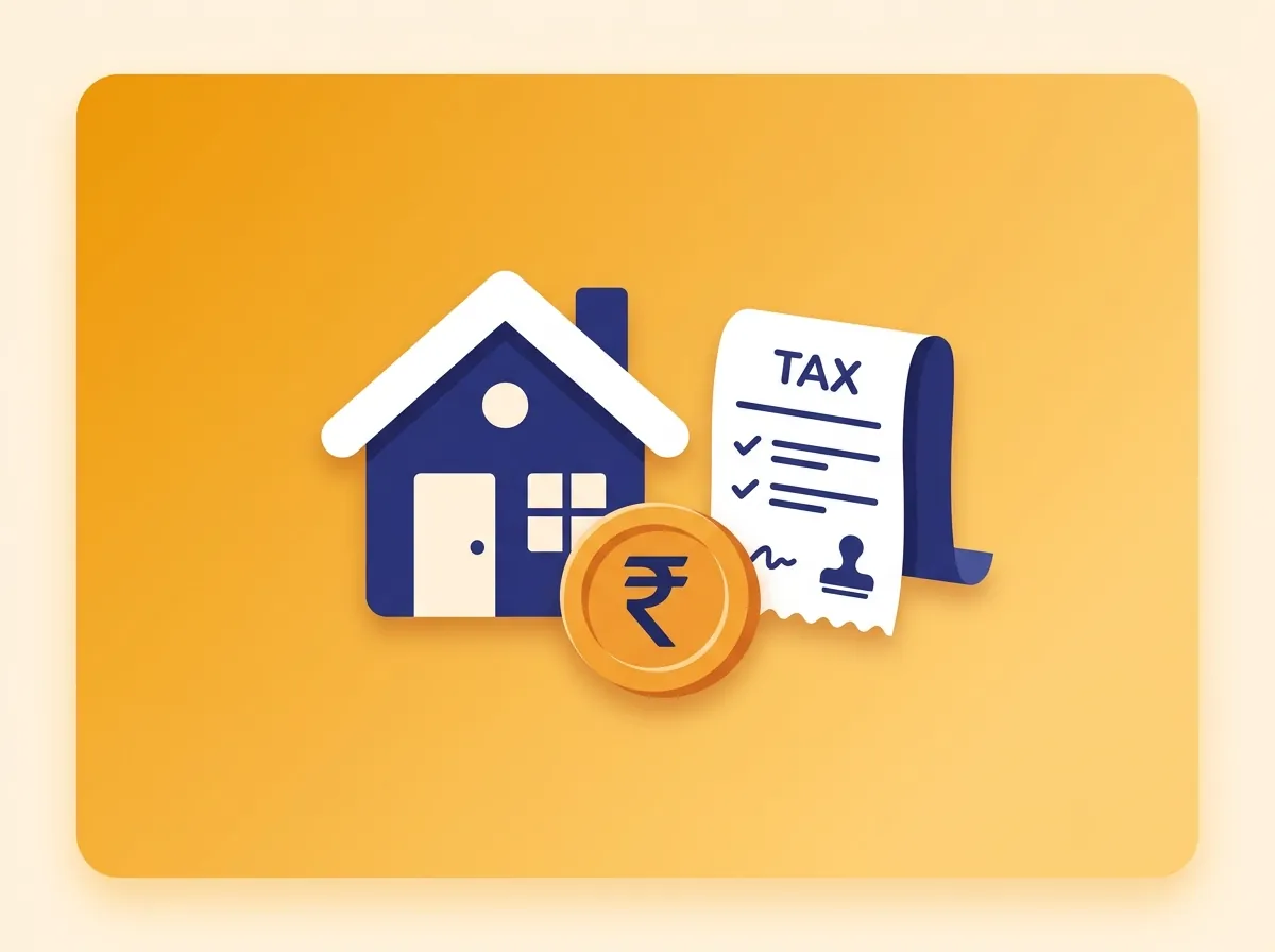 HRA calculator — house, rupee coin, and tax receipt illustration