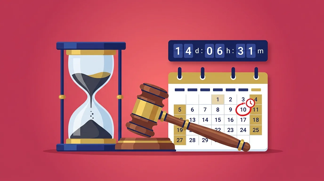 Limitation period calculator — hourglass, court gavel, and deadline calendar