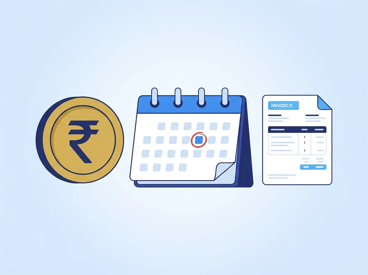 MSME interest calculator — rupee coin, calendar, and invoice illustration
