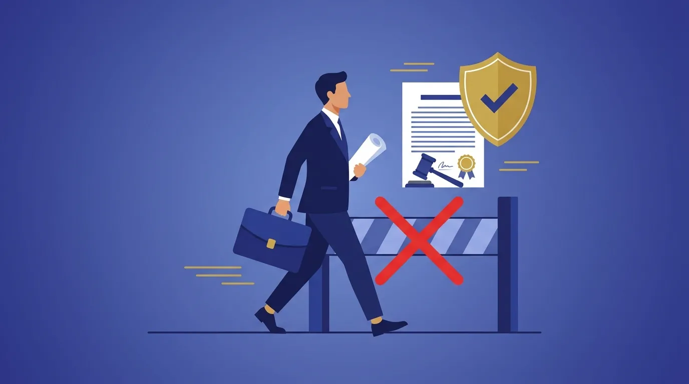 Non-compete checker — professional walking past a voided barrier with court ruling