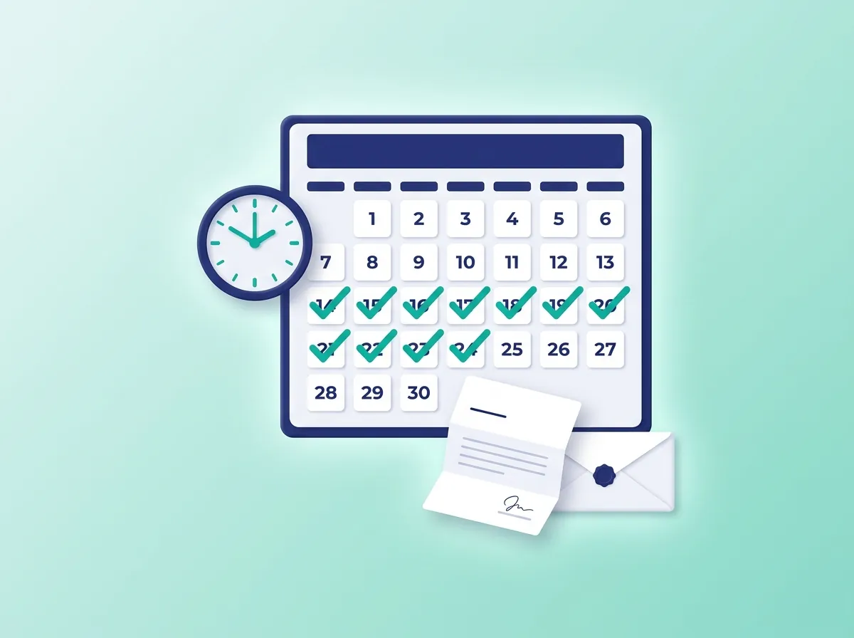 Notice period calculator — calendar with checkmarks, clock, and resignation letter