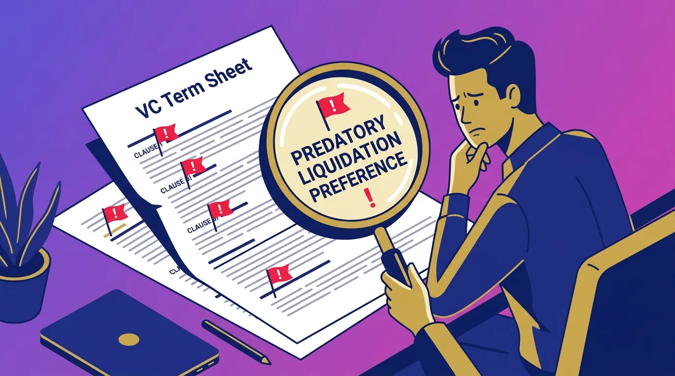SHA red flag scanner — VC term sheet with warning flags and magnifying glass