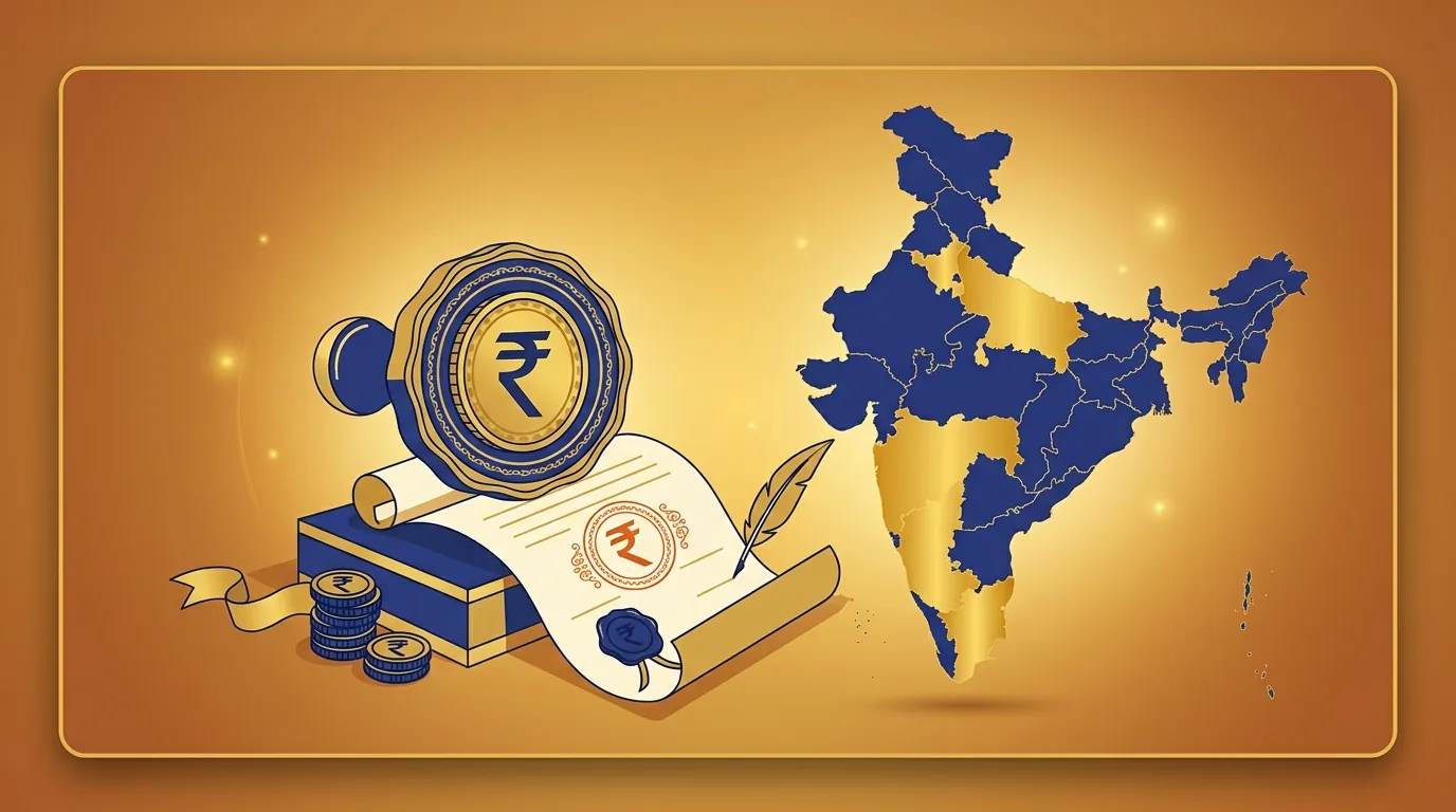 Stamp duty calculator — government stamp seal, India map, and official document
