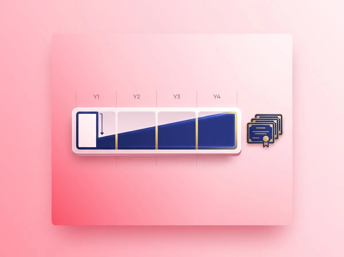 Equity vesting visualizer — 4-year vesting bar chart with stock certificates